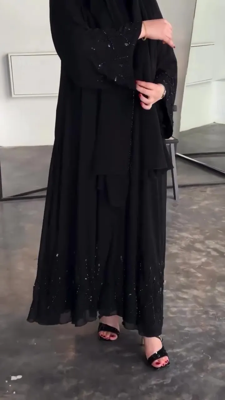 Elegant Black Evening Abaya with Delicate Beading & Crystal Details - Flowy Cut