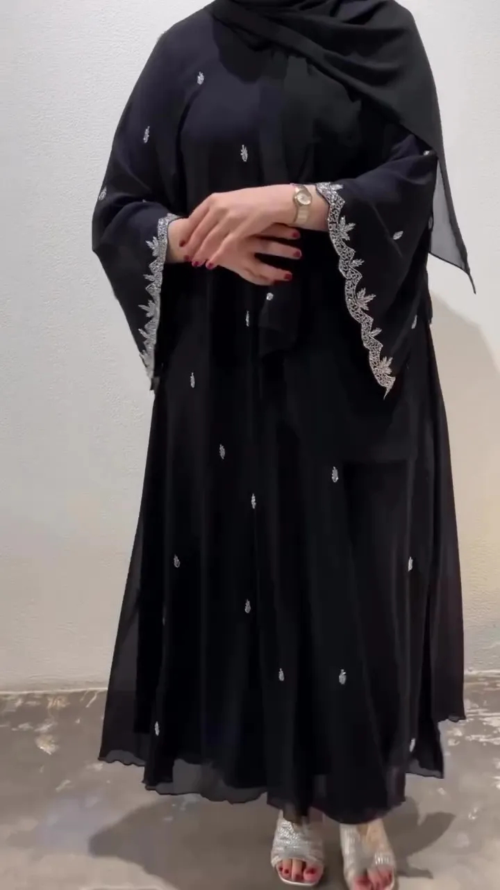 Black Evening Abaya with Silver Bottom Crystal Beading - Flowy Cloche Cut