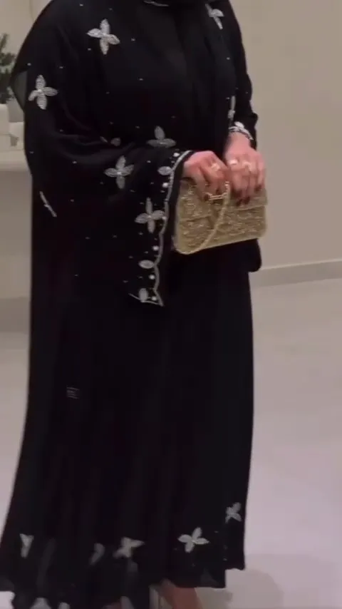 Black Abaya with Silver Cuffs Embroidery & Scattered Motifs - Elegant Flowy Cut