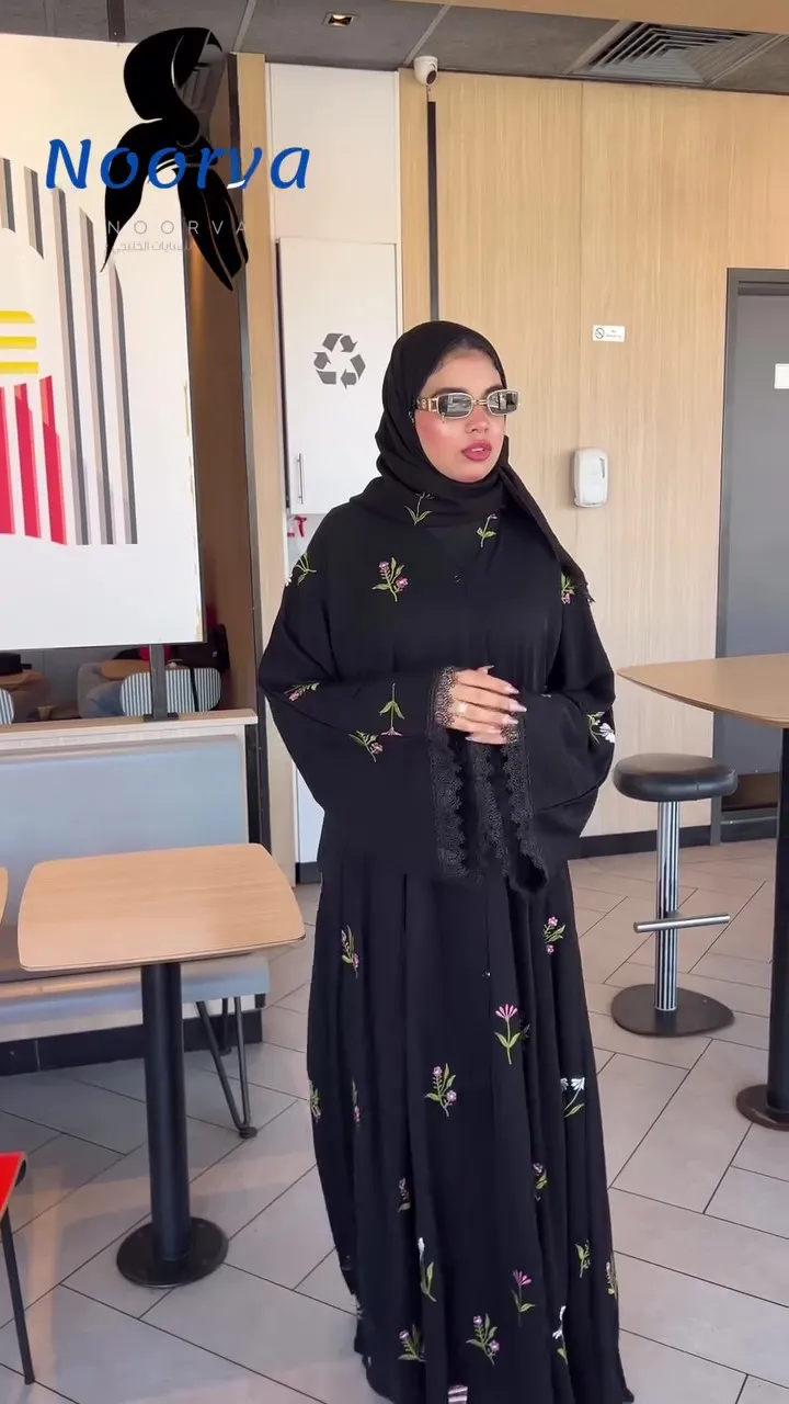 Black Evening Abaya with Large Crystal Floral Motifs - Elegant Flowy Cut