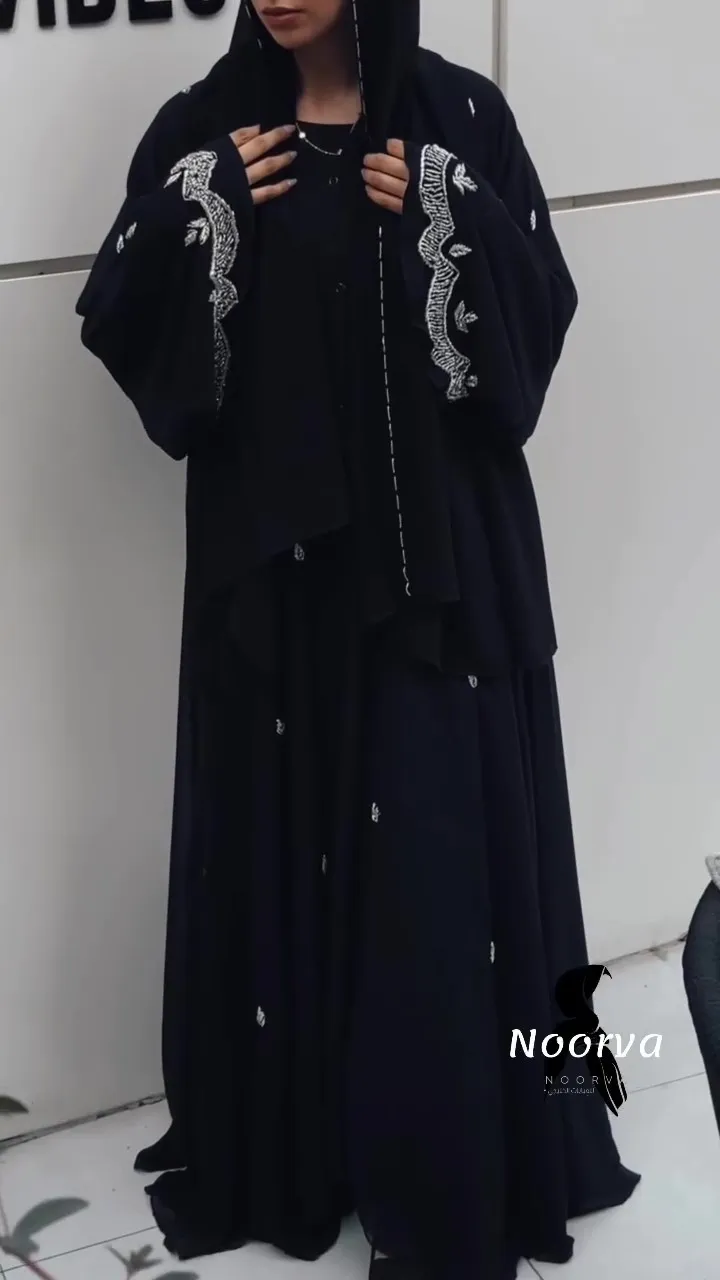 Noorva Royal Abaya – Silver Embroidery & Handmade Beading ✨🖤