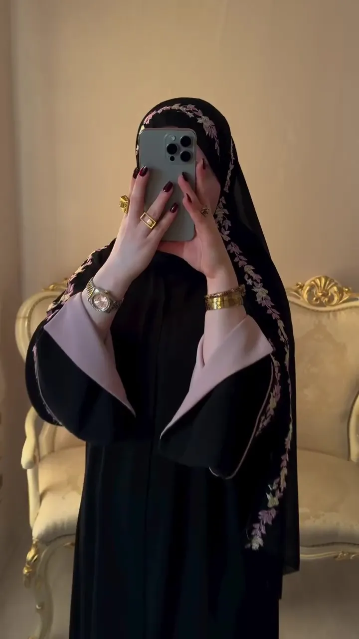 Black Embroidered Abaya with Pink Cuff Details