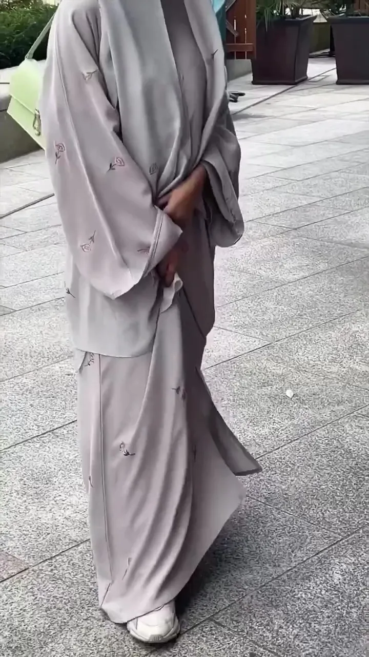 Classic Beige Abaya with Simple Floral Embroidery
