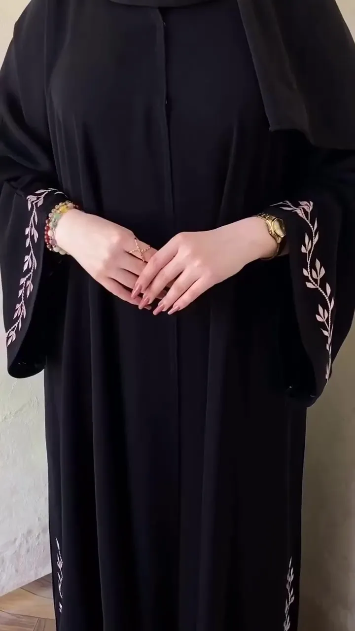 Black Abaya with Delicate Floral/Leaf Embroidery on Cuffs and Hem