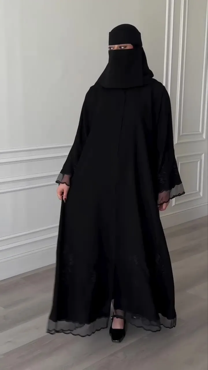 LUXURY CLASSIC BLACK ABAYA WITH  EMBROIDERED ORGANZA TRIM A11