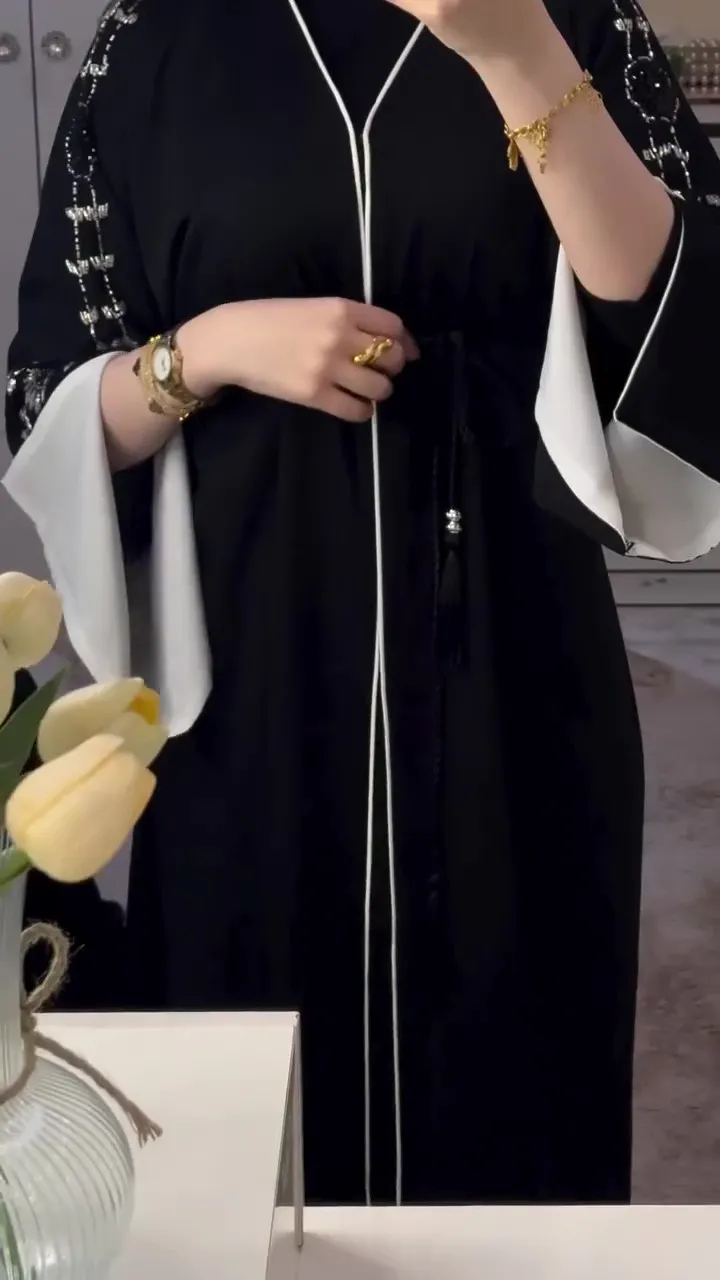 LUXURY HANDMADE BLACK ABAYA WITH WHITE ACCENT AND BEADED EMBROIDERY B9